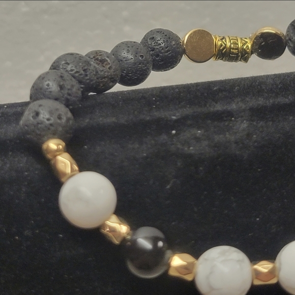 Gold, Black Lava, White Howlite, and Black Obsidian Bracelet - Picture 7 of 7